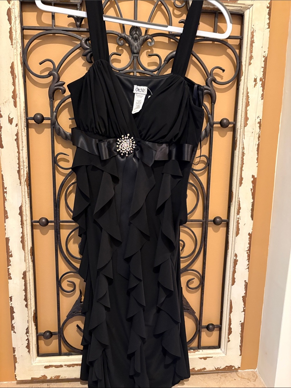 Cache Black Ruffle Dress with Jeweled Brooch